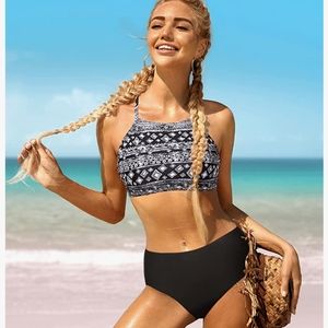 Black Geometric Tribal Swimsuit High Neck Halter Crop Bathing Suit Womens LARGE